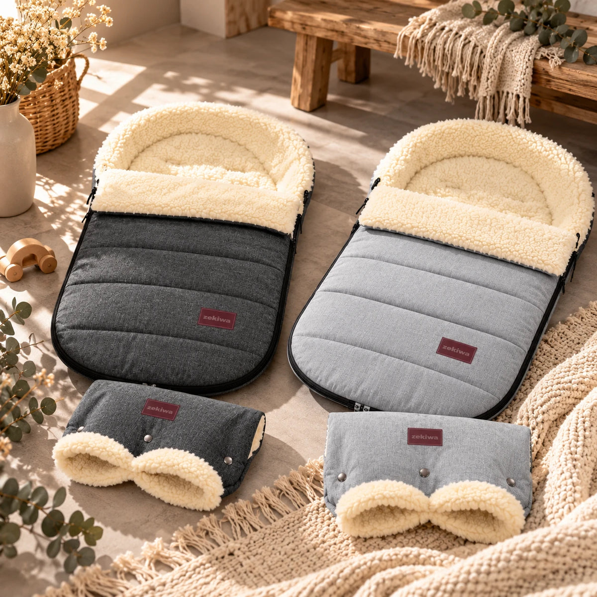 Fußsack mit Handmuff - Fell in Lammfelloptik