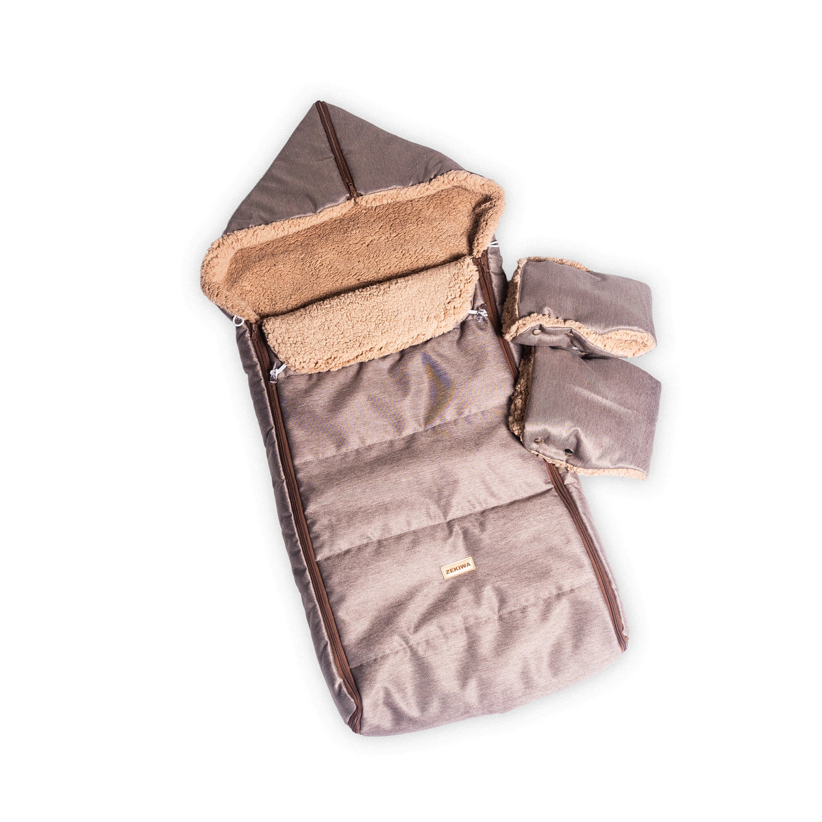 Warmer Winter Fußsack mit Handschuhen für Kinderwagen oder Schlitten, braun mit TEDDY Fell - 110 cm