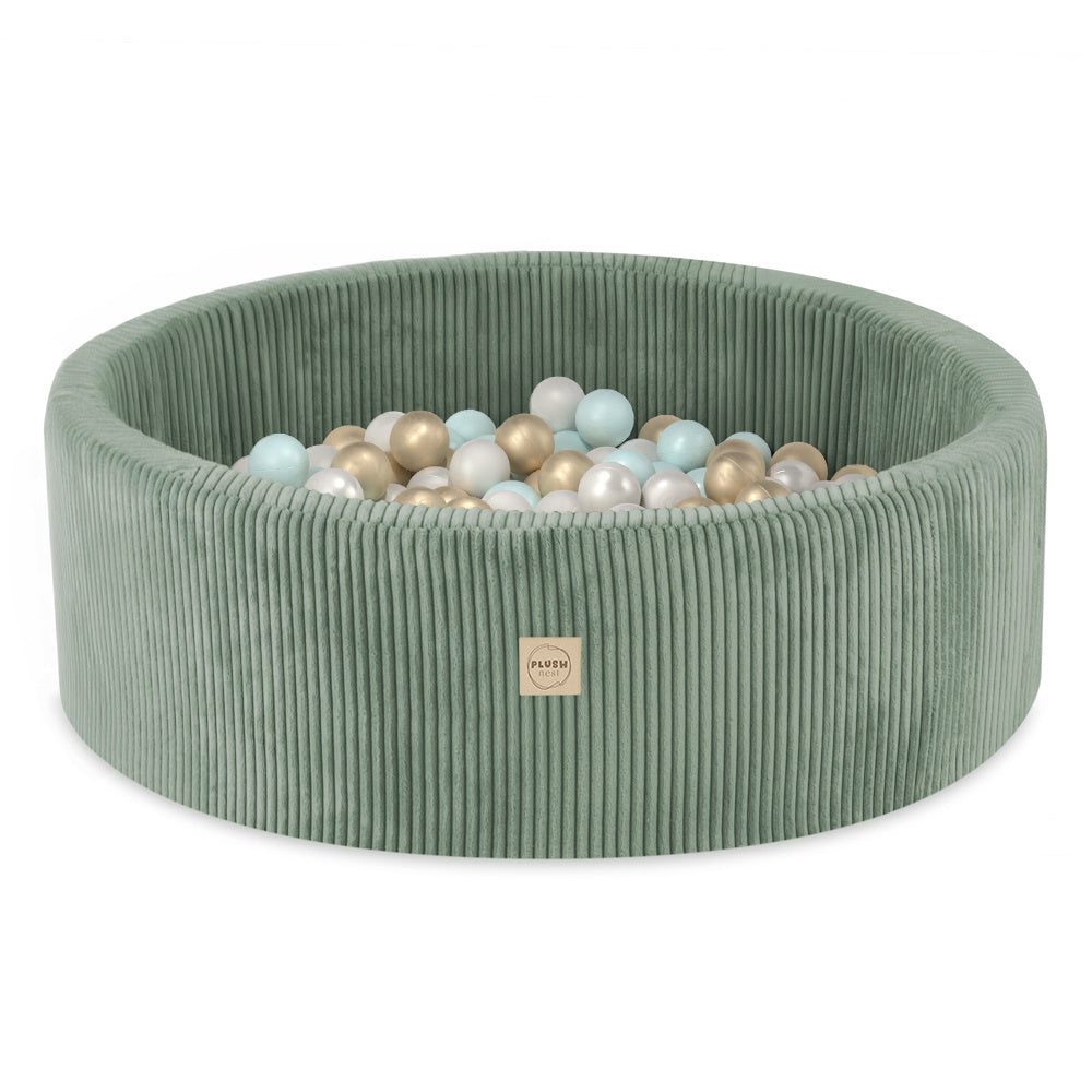 Plush Nest - Bällebad Cord-grün inkl. 200 Bälle (perl, silber, hellblau)