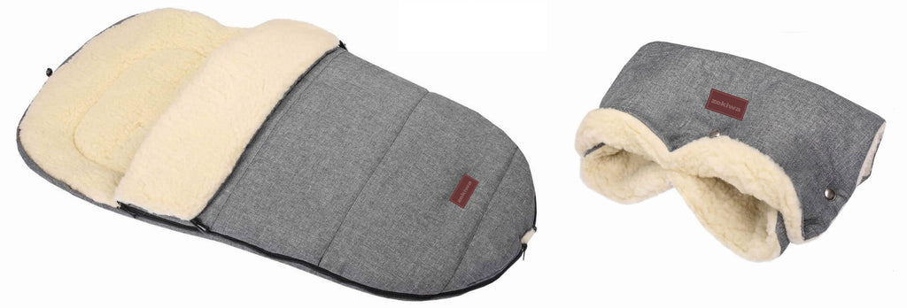 Fußsack mit Handmuff - Fell in Lammfelloptik - grau