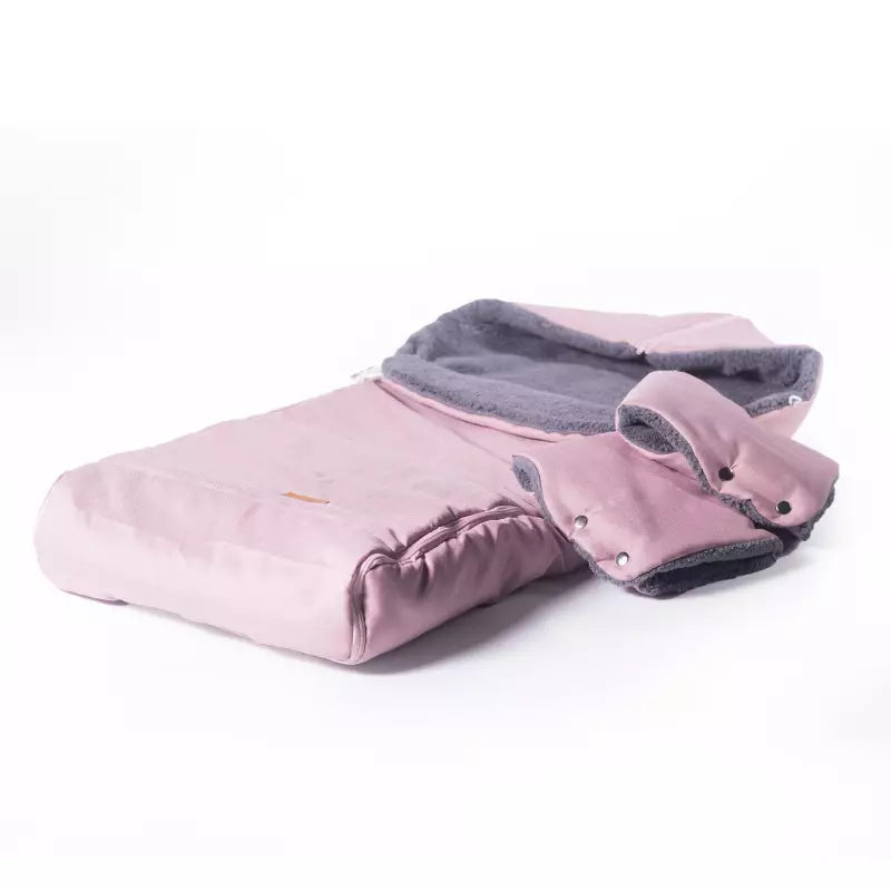 Warmer Winter Fußsack mit Handschuhen für Kinderwagen oder Schlitten, dunkelrosa mit TEDDY Fell grau - 110 cm