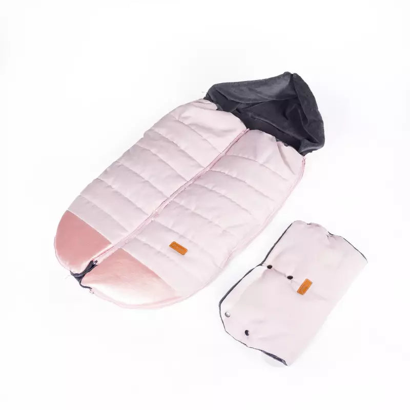 Warmer Winter Fußsack mit Handschuhen für Kinderwagen oder Schlitten, hellrosa mit Plüschfell - 110 cm