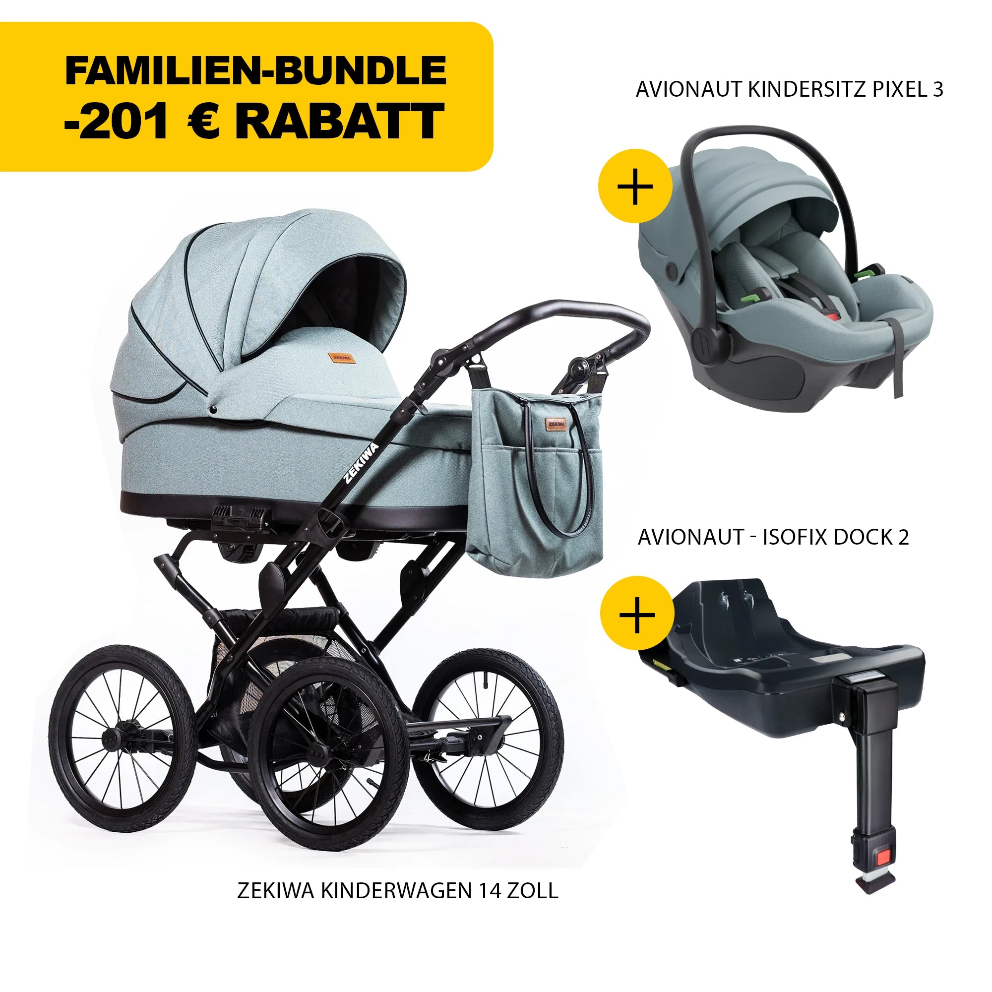 ZEKIWA 4 in 1 Kinderwagen Bundle - New Green