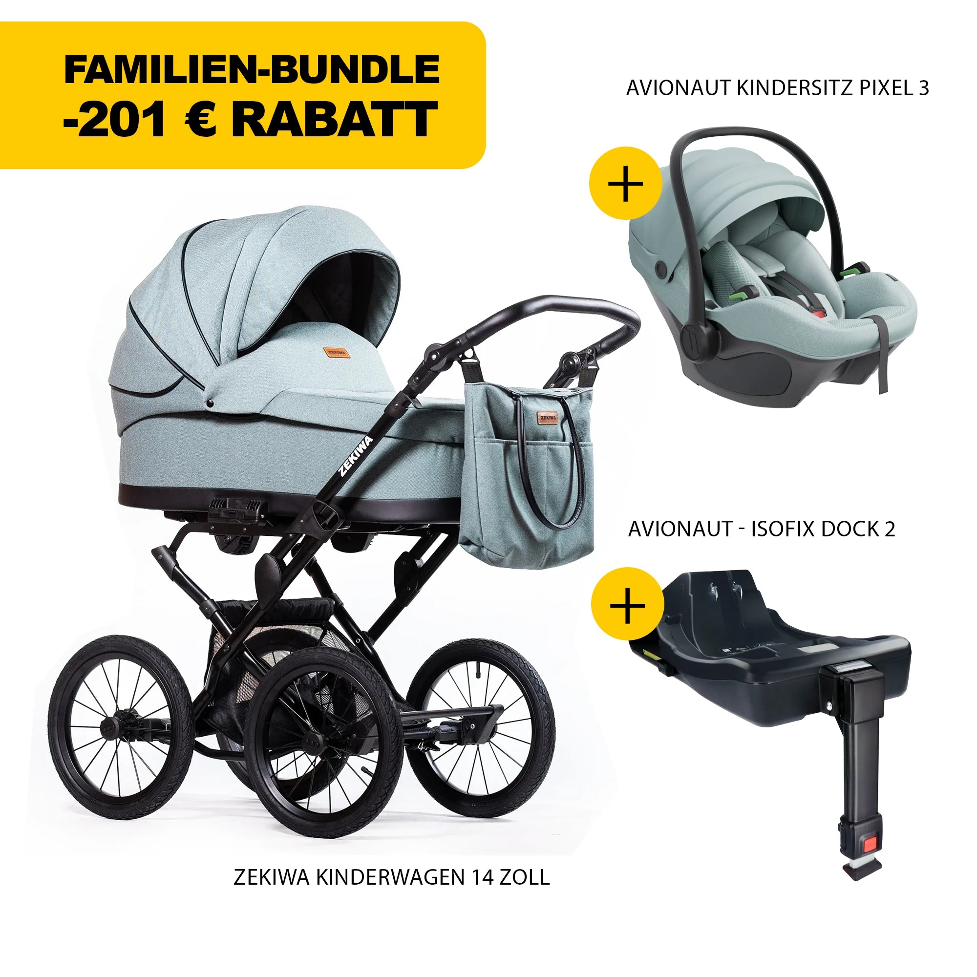 ZEKIWA 4 in 1 Kinderwagen Bundle - New Green