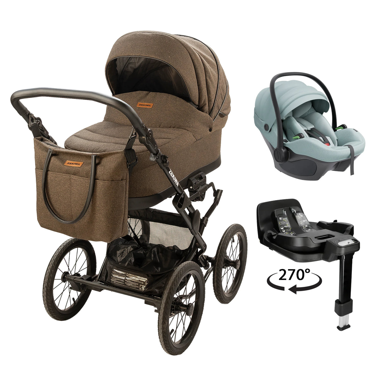 ZEKIWA 4 in 1 Kinderwagen 14 Zoll Bundle + Babyautositzschale + drehbare Isofix